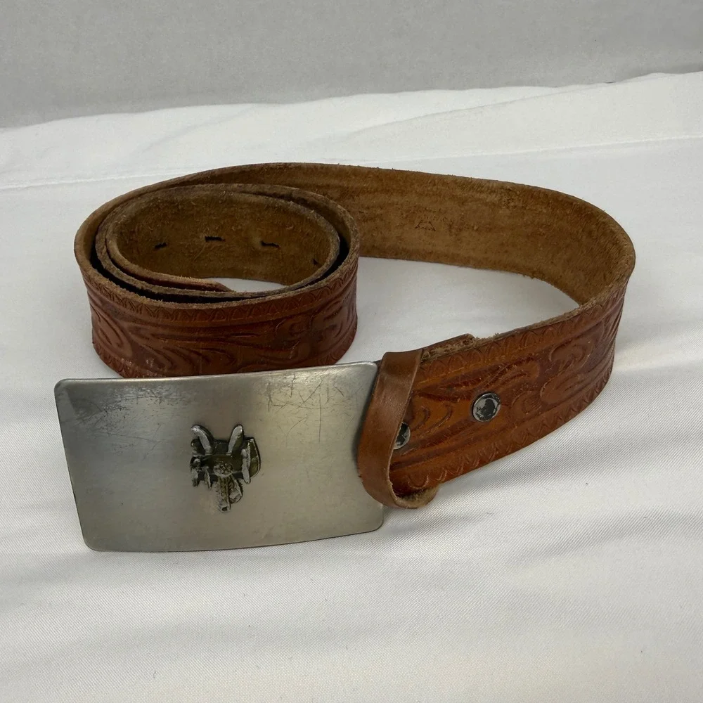 Vintage Western Tooled Brown Leather Belt Saddle Trophy Buckle Made in USA 32in
